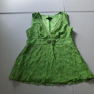 Y2K Fairy Grunge Express Top Womens Small Green Silk Floral Empire Waist Beaded